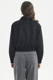 Chaqueta bomber de gamuza negra para mujer con diseño liso cierre frontal y puños elásticos estilo casual