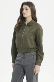 Chaqueta bomber de gamuza verde militar lisa con cierre frontal y puños elásticos estilo casual moderna