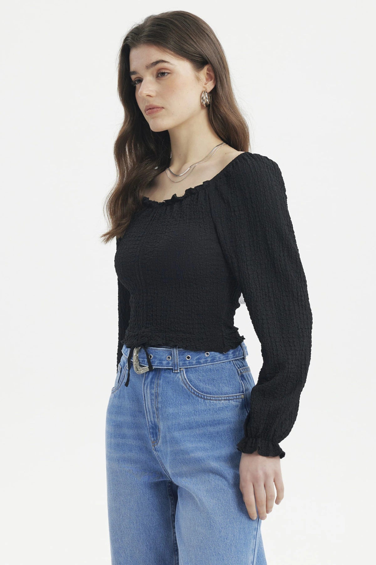 Blusa Mujer Recogido En El Pecho Negro
