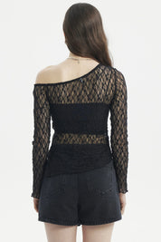 Polera de mujer negra con diseño de encaje hombro asimétrico mangas largas y estilo semitransparente elegante