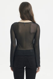 Polera negra para mujer con mangas acampanadas transparentes diseño liso estilo elegante