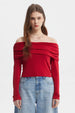 Polera roja para mujer con hombros descubiertos y strass pequeños por toda la prenda