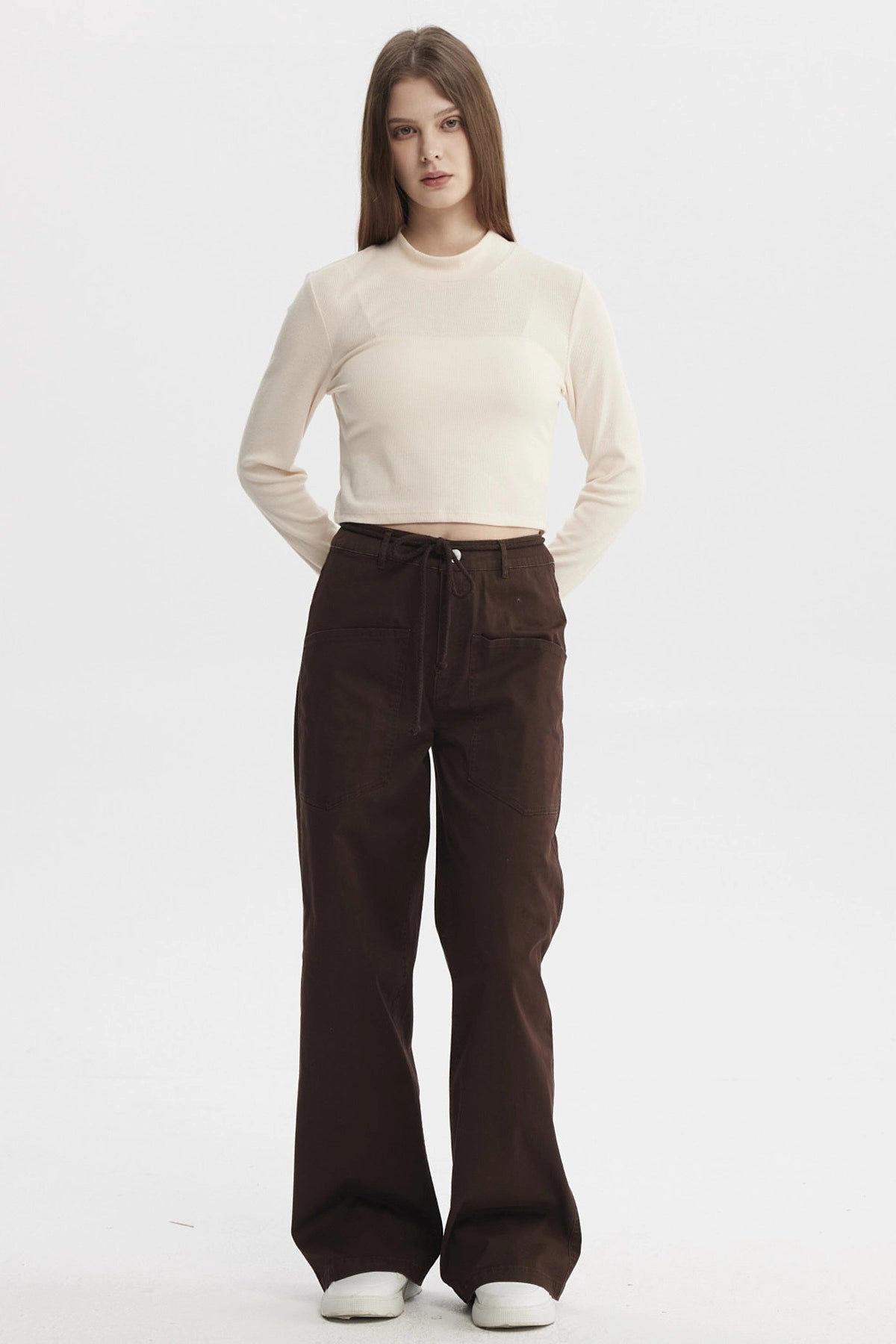 Pantalón Mujer Con Cordón Calce Recto Café Oscuro
