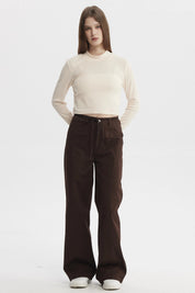 Pantalón Mujer Con Cordón Calce Recto Café Oscuro