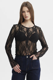 Polera negra de mujer con encaje floral y botones al frente de estilo elegante y manga larga sin estampa lisa