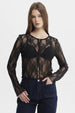 Polera negra de mujer con encaje floral y botones al frente de estilo elegante y manga larga sin estampa lisa