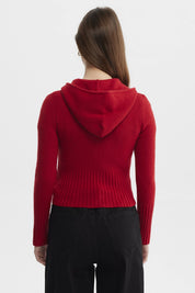 Sweater rojo de mujer con capucha y cierre delantero estilo juvenil sin estampa visible