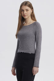 Polera Mujer Juvenil Cuello Bote Recogido Gris Melange