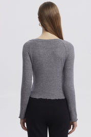 Polera Mujer Juvenil Cuello Bote Recogido Gris Melange