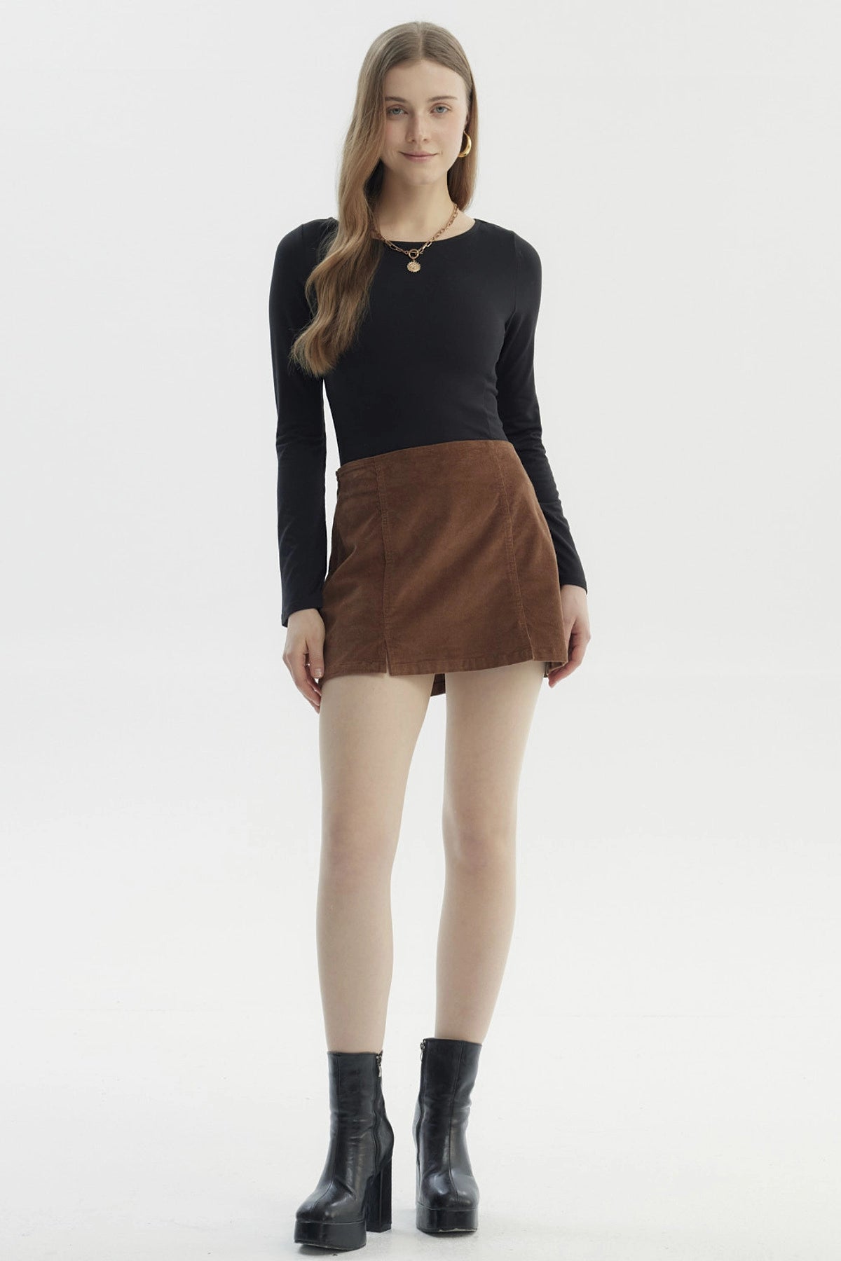 Falda Mujer Cotelé Abertura Camel