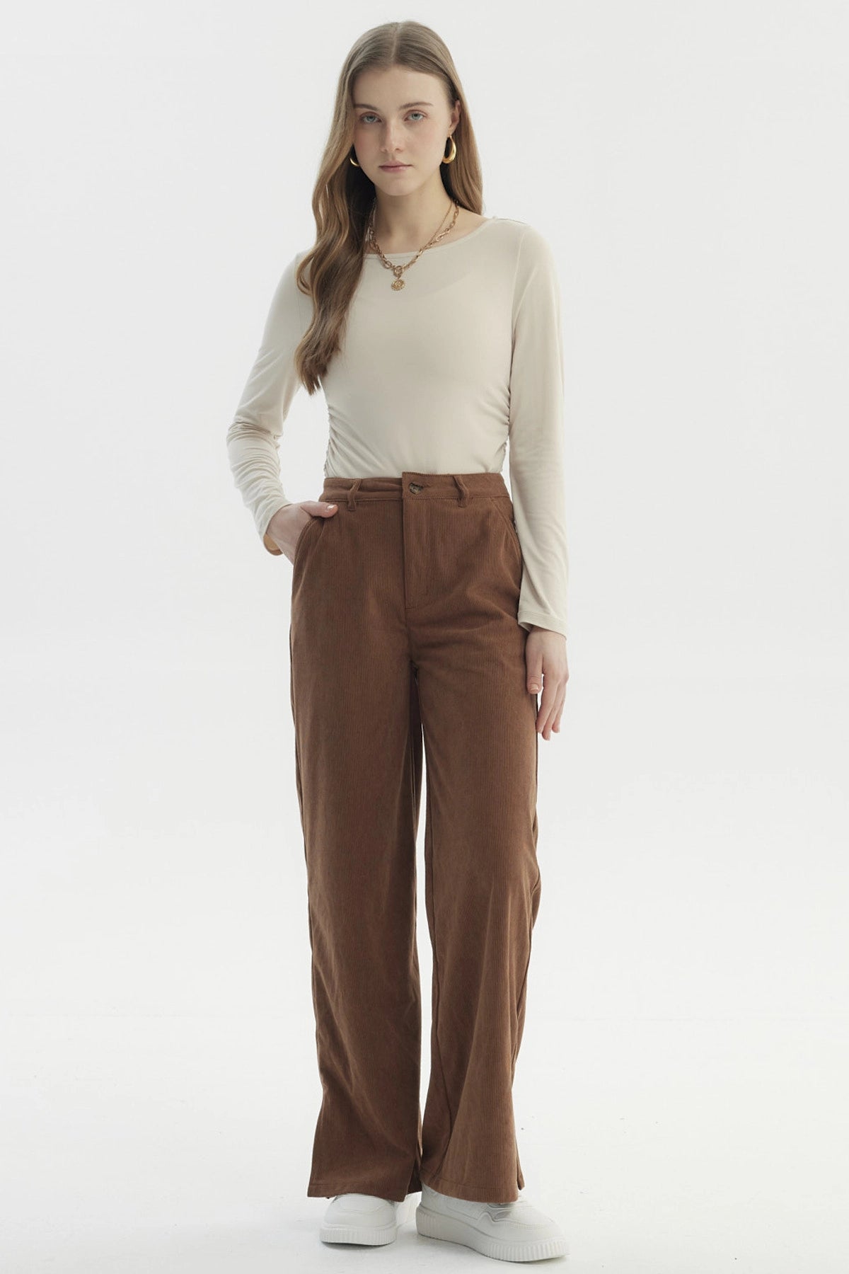 Pantalón Mujer Wide Leg Cotelé Camel