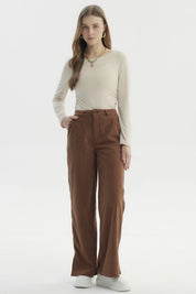 Pantalón Mujer Wide Leg Cotelé Camel