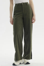 Pantalón Mujer Wide Leg Cotelé Verde Militar