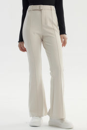 Pantalón Mujer Flare Cinturón Beige Claro