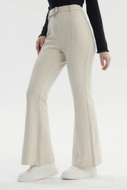 Pantalón Mujer Flare Cinturón Beige Claro