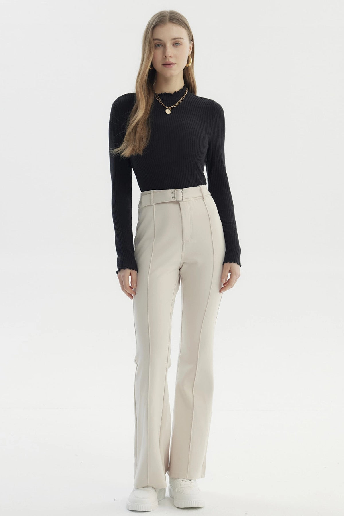 Pantalón Mujer Flare Cinturón Beige Claro