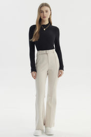 Pantalón Mujer Flare Cinturón Beige Claro