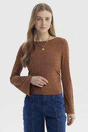 Polera Mujer Flare Recogidos Camel Oscuro