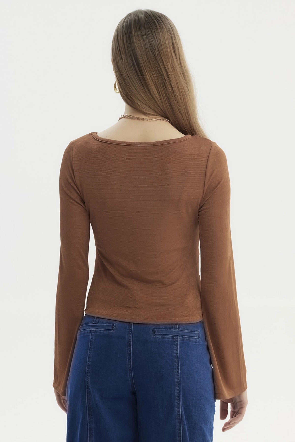 Polera Mujer Flare Recogidos Camel Oscuro
