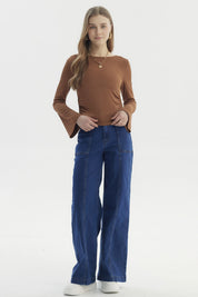Polera Mujer Flare Recogidos Camel Oscuro