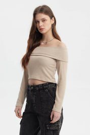 Polera Mujer Slim Hombro Descubierto Beige