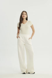 Pantalón Buzo Mujer Wide Leg Crema