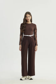 Pantalón Mujer Wide Leg Café