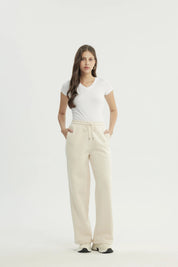 Pantalón Buzo Mujer Wide Leg Beige Claro
