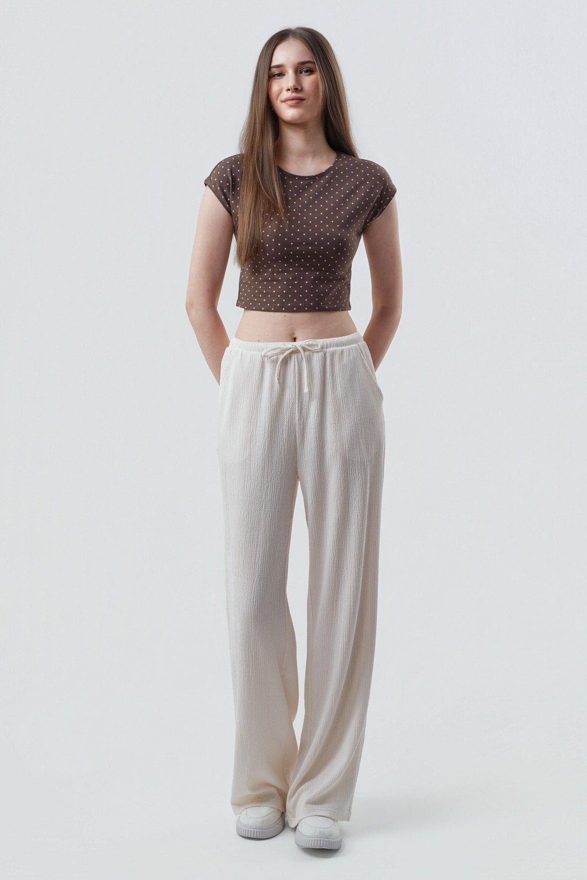Pantalón Mujer Wide Leg Crema