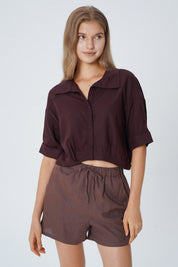 Blusa Loose Cuello Camisero Mujer Café Oscuro