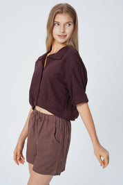 Blusa Loose Cuello Camisero Mujer Café Oscuro