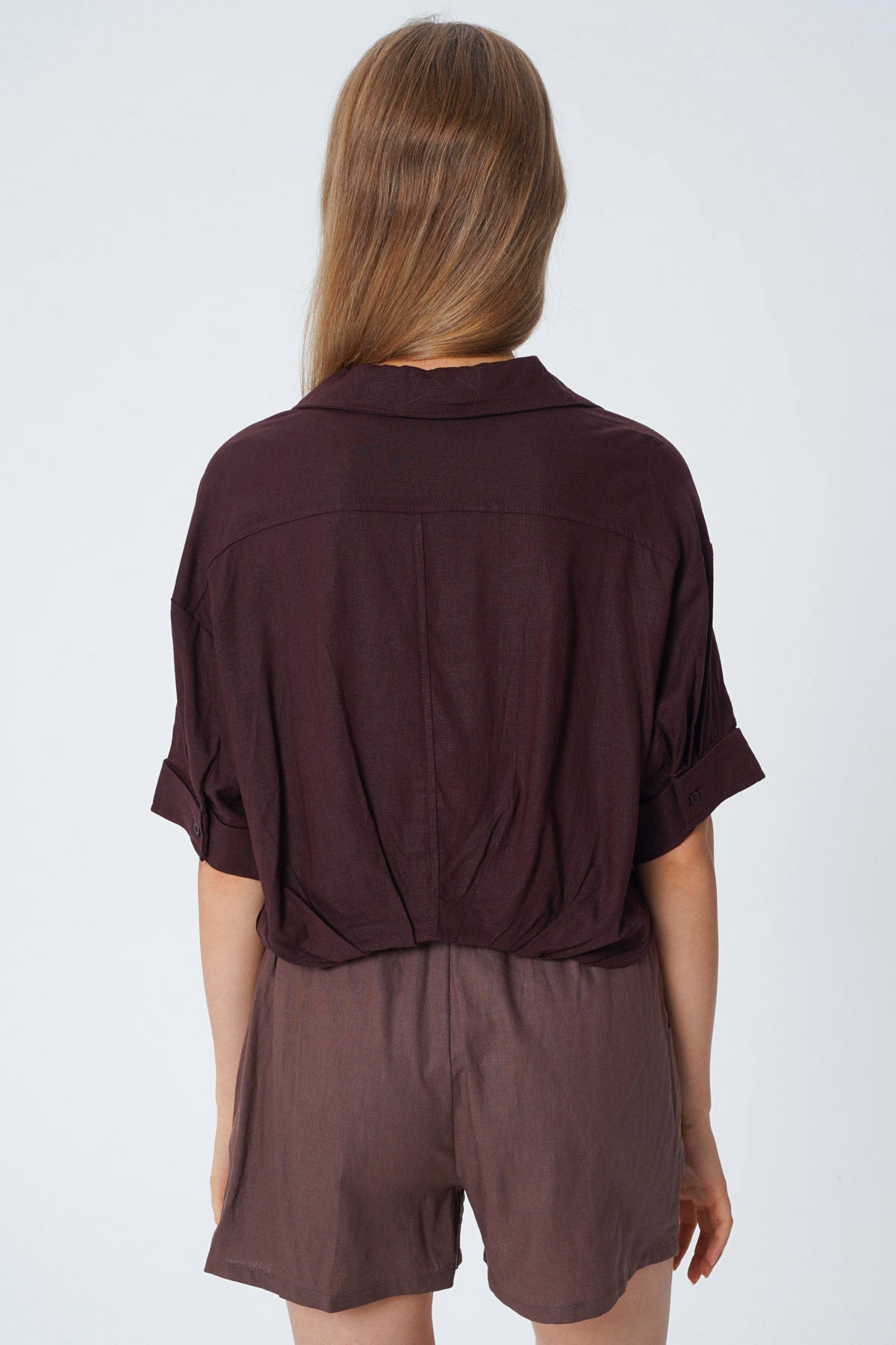 Blusa Loose Cuello Camisero Mujer Café Oscuro