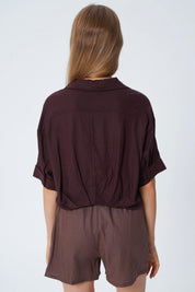 Blusa Loose Cuello Camisero Mujer Café Oscuro