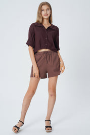 Blusa Loose Cuello Camisero Mujer Café Oscuro