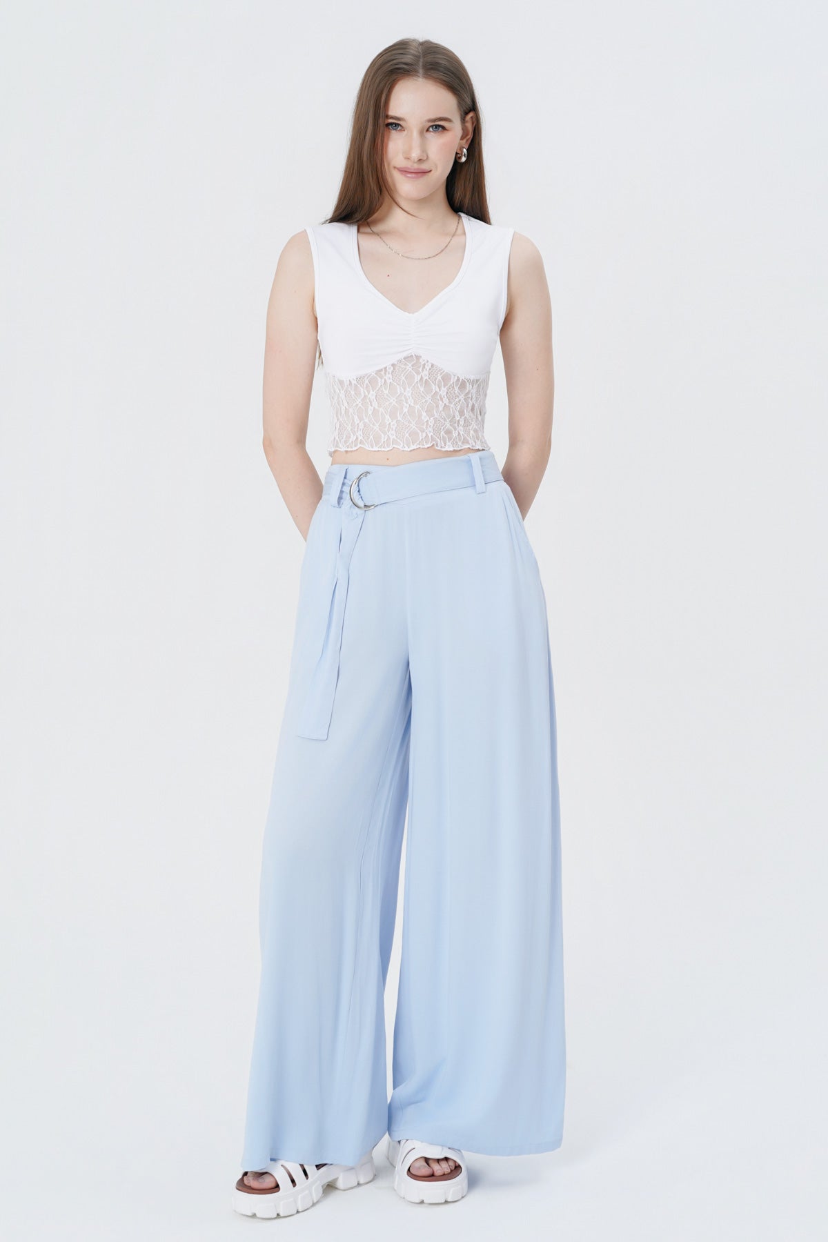 Pantalón Wide Leg Mujer Celeste