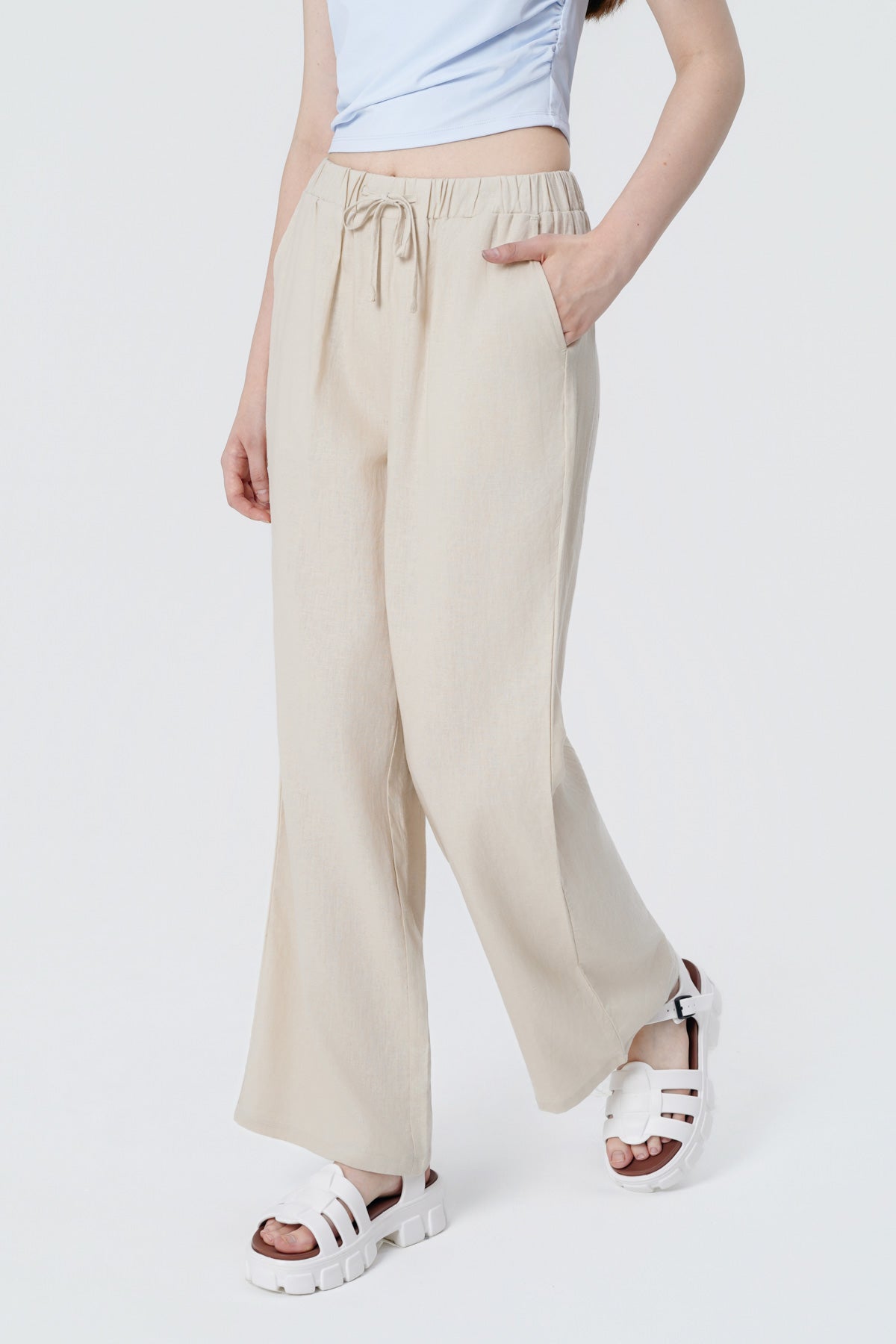 Pantalón Wide Leg Mujer Beige Claro