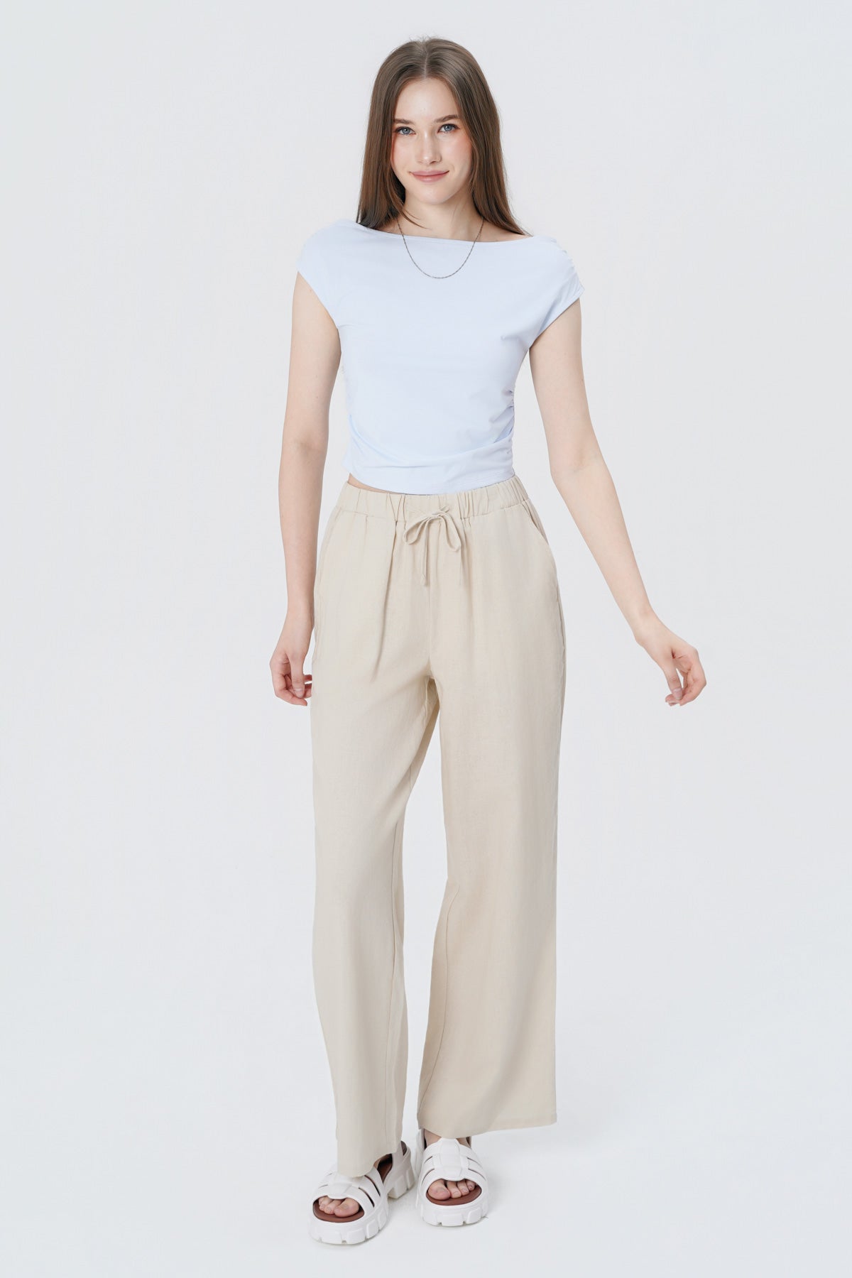 Pantalón Wide Leg Mujer Beige Claro