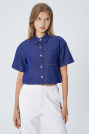 Blusa Regular Manga Corta Cuello Camisero Mujer Azul