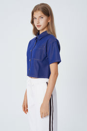 Blusa Regular Manga Corta Cuello Camisero Mujer Azul