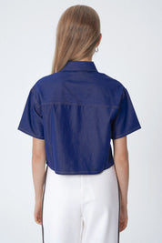 Blusa Regular Manga Corta Cuello Camisero Mujer Azul