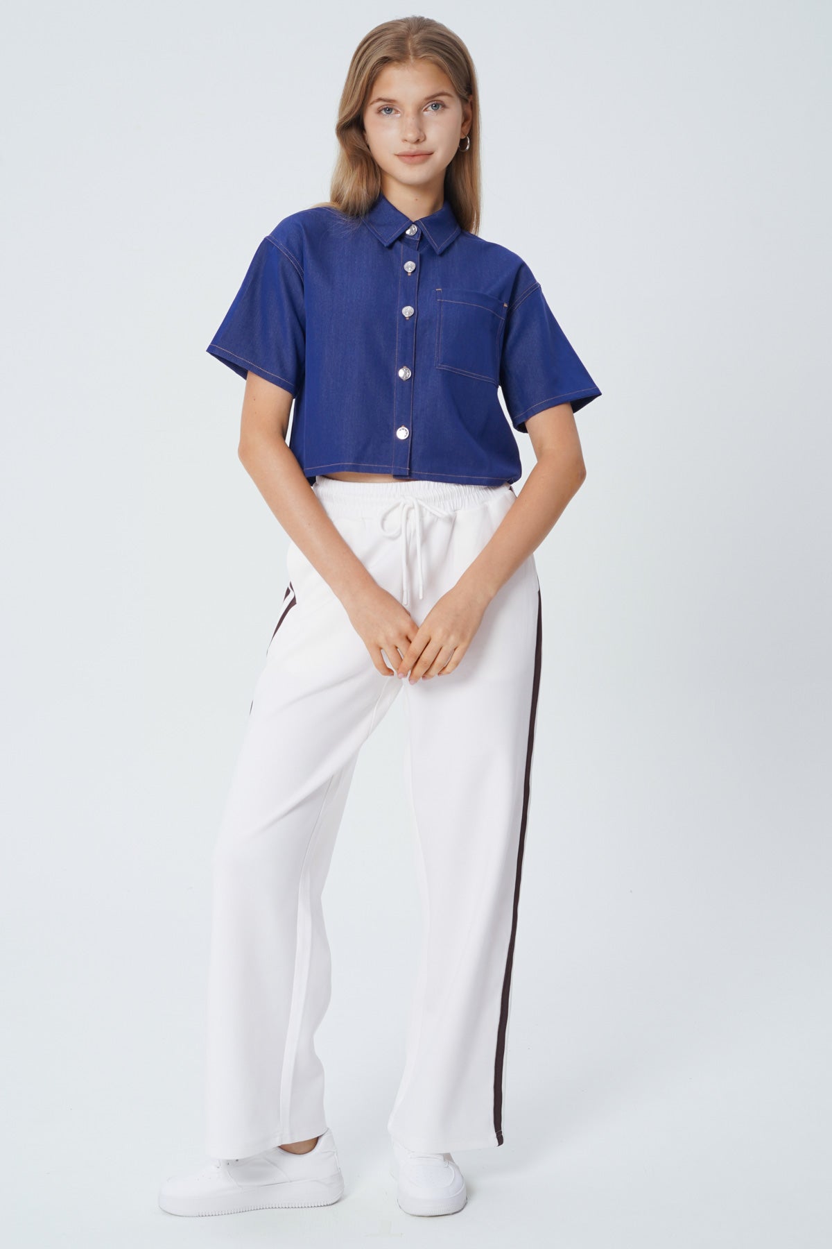 Blusa Regular Manga Corta Cuello Camisero Mujer Azul