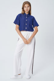 Blusa Regular Manga Corta Cuello Camisero Mujer Azul