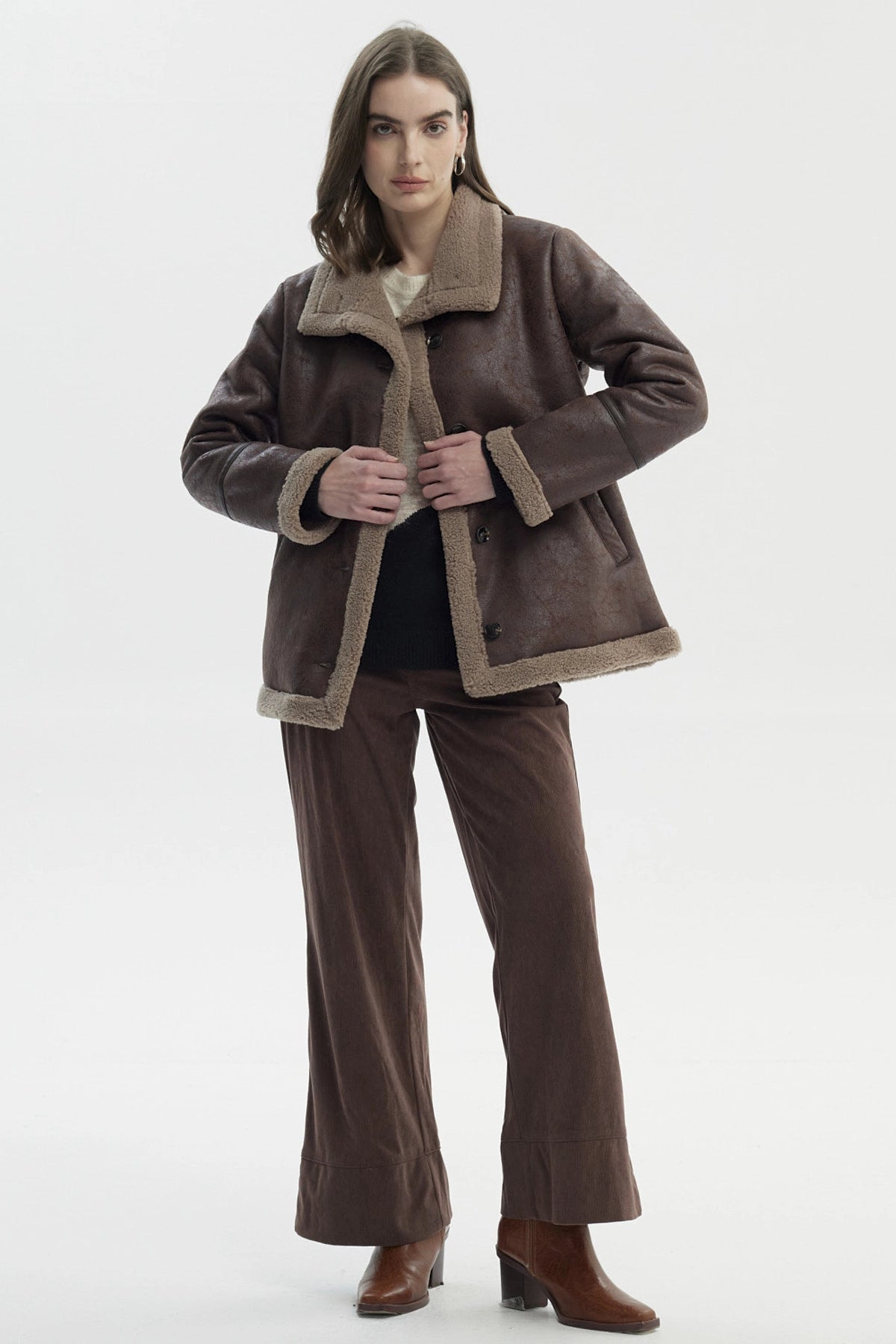 Chaqueta Mujer Oversize Cuello Camisero Café