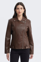 Chaqueta mujer chocolate con cuello camisero y cremallera diagonal lisa elegante