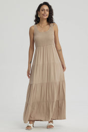 Vestido Mujer Largo En Capas Aplicación Panal Beige