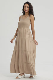 Vestido Mujer Largo En Capas Aplicación Panal Beige