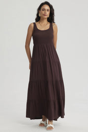 Vestido Mujer Largo En Capas Aplicación Panal Café Oscuro