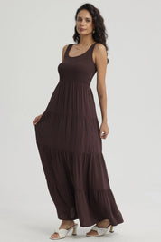 Vestido Mujer Largo En Capas Aplicación Panal Café Oscuro