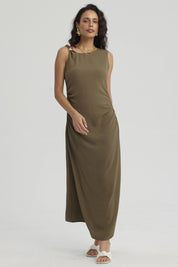 Vestido Mujer Largo Asimétrico Textura Verde Olivo