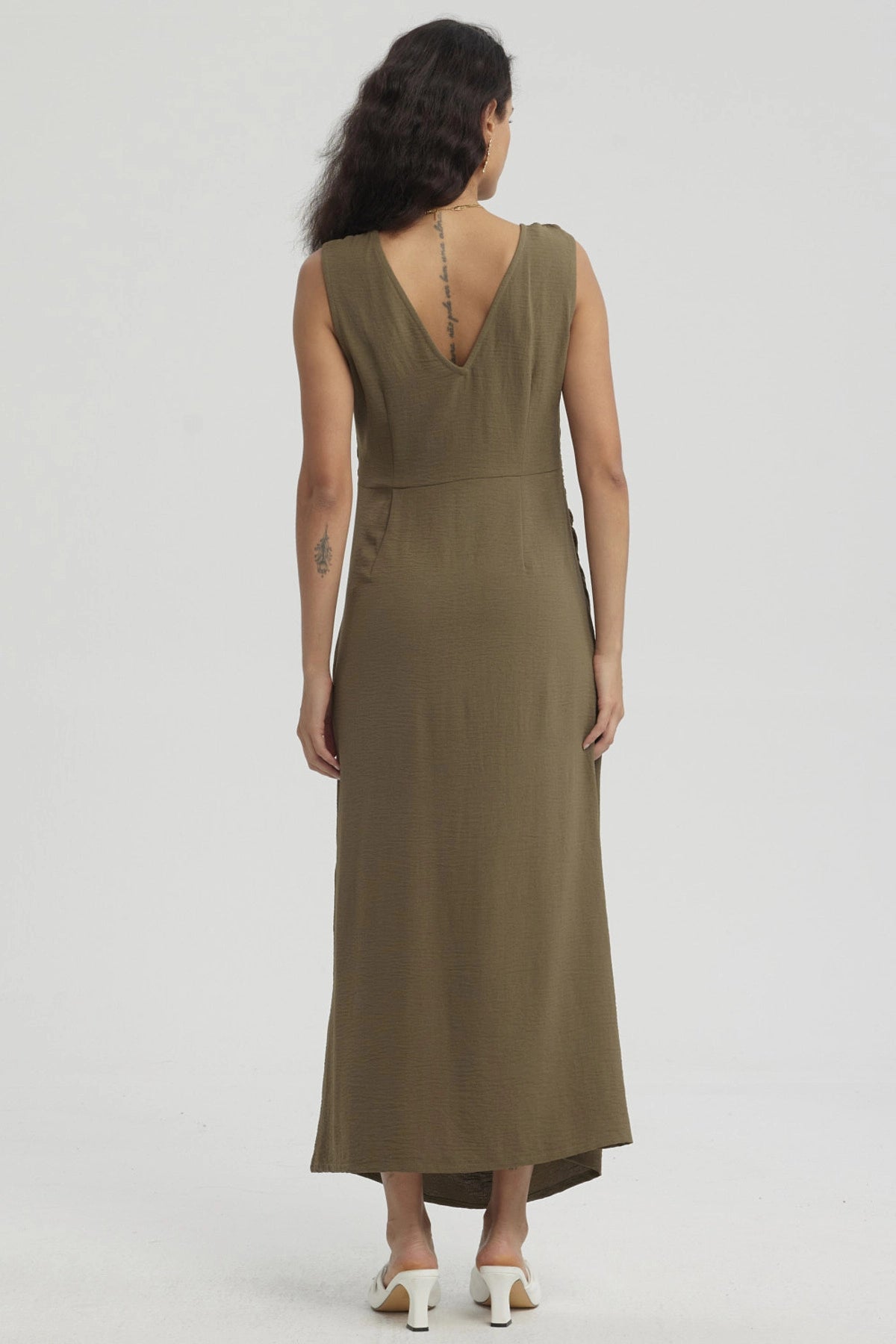 Vestido Mujer Largo Asimétrico Textura Verde Olivo